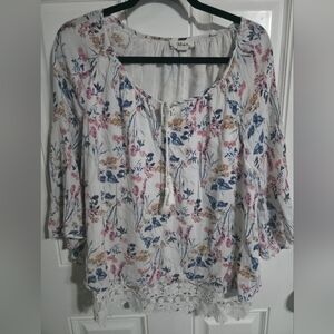 Style & Co Floral Peasant Top Oversized Crochet Trim Kimono Sleeve Size Large
